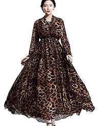 Flared-Skirt Leopard Print Spring Fall Lace Floor Length Chiffon Party Dress/Maxi Dress 