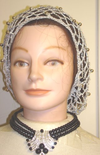 Click here to buy Hand Crocheted White Rayon Cotton Giordana Gimp Large Snood Trimmed with Gun Metal Color Beads for....