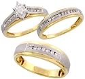 10k 2-Tone Gold 3-Piece Trio His (7mm) & Hers (4mm; 8mm) Satin Center Wedding Band Set, w/ 0.40 Carat Marquise & Brilliant Cut Diamonds; (Men's Size 8.5 to 12.5, Ladies' Size 5.5 to 8.5)