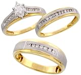 10k Gold 3-Piece Trio His (7mm) & Hers (4mm; 8mm) Satin Center Wedding Band Set w/ Rhodium Accent, w/ 0.40 Carat Marquise & Brilliant Cut Diamonds; (Men's Size 8.5 to 12.5, Ladies' Size 5.5 to 8.5)
