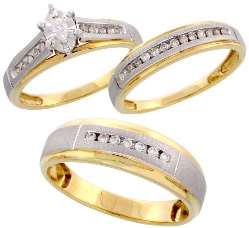 10k Gold 3-Piece Trio His (7mm) & Hers (4mm; 8mm) Satin Center Wedding Band Set w/ Rhodium Accent, w/ 0.40 Carat Marquise & Brilliant Cut Diamonds; (Men's Size 8.5 to 12.5, Ladies' Size 5.5 to 8.5)