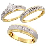10k Gold 3-Piece Trio His & Hers Satin Center Wedding Band Set w/ Rhodium Accent, w/ 0.40 Carat Marquise & Brilliant Cut Diamonds;
