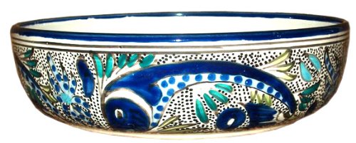 Le Souk Ceramique AF-05 Wide Salad/Pasta Bowl, Aqua Fish Design
