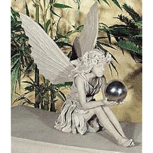 Melina, Stone Fibreglass Fairy with Birdfeeder and Gazing Ball by 