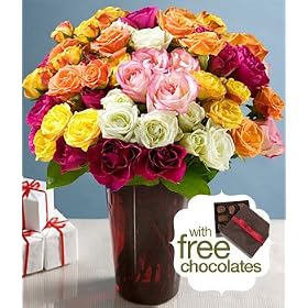 Valentine's Day Flowers - 50 Blooms of Assorted Garden Spray Roses with Vase and Chocolates