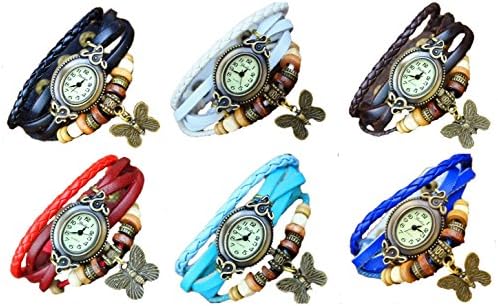 Lots Of 6 Boho Chic Bronze Butterfly Oval Dial Leather Weave Women Bracelet Quartz Watches