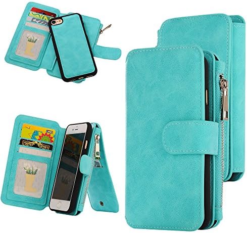 iPhone 7 Plus Case, SAUS Muti Card Slot Series - [Zipper Cash Storage] Premium Flip PU Leather Wallet Case Cover With Detachable Magnetic TPU Case For Apple iPhone 7 Plus 2016 Release (Light Blue)