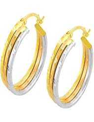 14 Karat Tri-color Gold Diamond-cut Stacked Flat Hoop Earrings