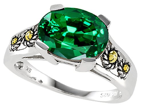 3.50 cts 925 Sterling Silver and 18k Gold Two Tone Genuine Oval Lab Created Emerald Ring
