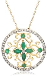 Yellow Gold Overlay Sterling Silver Emerald Flower Pendant w/ Diamond Accent, 18"