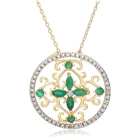Yellow Gold Overlay Sterling Silver Emerald Flower Pendant w/ Diamond Accent, 18" by 