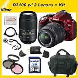 Nikon D3100 Digital SLR Camera (Red) with 18-55mm NIKKOR VR Lens - Nikon AF-S NIKKOR 55-300mm f/4.5-5.6G ED VR Zoom Lens + Kit