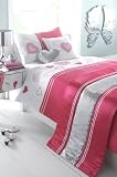 PINK & SILVER HEART BEDDING - 5 PIECE SINGLE BED SET WITH RUNNER & CUSHION COVER