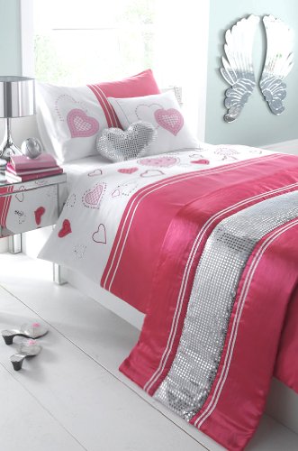 PINK & SILVER HEART BEDDING - 5 PIECE SINGLE BED SET WITH RUNNER & CUSHION COVER
