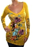 CHRISTIAN AUDIGIER Don Ed Hardy Womens Long Sleeve V-Neck T-Shirt Tee Shirt Rose Yellow