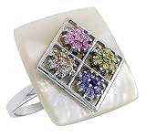 Mother of Pearl Square Ring in Solid Sterling Silver, Accented with Tiny High Quality Citrine, Pink Tourmaline, Amethyst & Orange Sapphire CZ's, 15/16 (24mm) wide