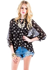 Button Down Sheer Stars Poncho in Black