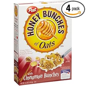 Post Honey Bunches of Oats with Cinnamon Bunches Cereal, 14.5-Ounce Boxes (Pack of 4) by Post