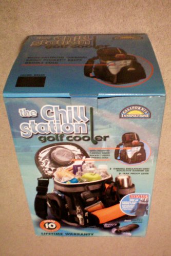 The Chill Station Golf Cooler -- with patented thermal drink pocket keeps drinks cold, thermal insulation with reflective barrier lid, leak proof liner, bonus 500 ml stainless steel thermal flask and carrying holder with adjustable shoulder strap -- as sh