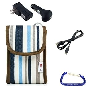 Gizmo Dorks Soft Nylon Canvas Case (Blue Stripes) and Charging Bundle with Carabiner Key Chain for the Sony Bloggie Cameras (Touch, Duo HD, 3D Bloggie HD)