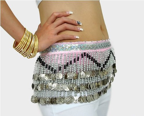 Three-Row Silver Coins Belly Dance Wrap & Hip Scarf, Classical Pyramids Style -pink