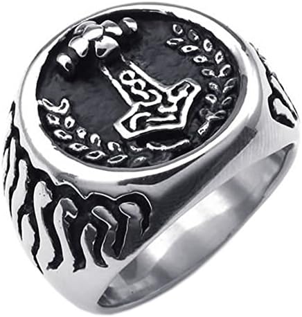 KONOV Massiness Vintage Stainless Steel Band Myth Thor's Hammer Ring, Black Silver, Size 10