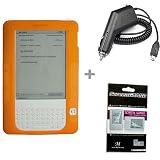Orange Color Amazon Kindle 2 E-Book Reader Silicone Rubber Skin Case + Kindle2 Car Charger + Kindle2 Anti Scratch LCD Screen Protector