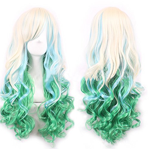 Cococminibox Long Wavy Curly Multi-Color Colorful Rainbow Full Hair Cosplay Custome Wig (Light Green)