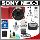 Sony Alpha NEX-3 Digital Camera Body & E 16mm f/2.8 Compact Interchangeable Lens (Red) with 16GB Card + Battery + Case + Tripod + Accessory Kit