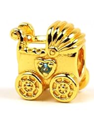 .925 Sterling Silver " 18K Gold Plated Baby Carriage w/Blue CZ " Charm Bead Compatible with Pandora Chamilia Kay Troll Bracelet