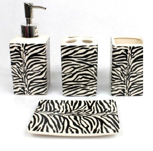 19 Piece Bath Accessory Set Black Zebra Animal Print Bath Rug Set + Black Zebra Shower Curtain & Accessories