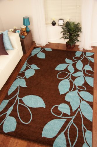 Tapis moderne Bleu clair et Marron Imprimé À Fleurs/Feuilles- 5 tailles