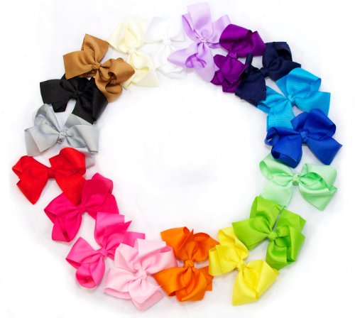 Ema Jane - Large (4.3 in Wide) Grosgrain Hair Bows Secured to Double Prong Clips,Set of 18