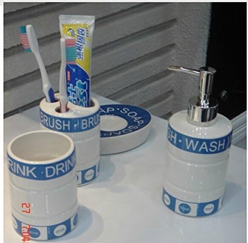 Fashion Blue Border 4 Piece Bath Ensemble, Ceramic Bathroom Accessories with Soap Dish, Lotion Dispenser, Toothbrush Holder & Tumblers, Gifts, Home Decoration