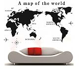 部屋で 世界を感じられる ウォールステッカー A map of the world 70×120cm (ブラック)