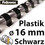 Produkt-Bild: Schwarze 16mm Plastikbinder&uuml;cken A4 Fellowes, bis ca. 120 Blatt, 25 St&uuml;ck, Plastik-Spiral Binder&uuml;cken, Binding Combs, 21 Ringe, Schwarz, 53323
