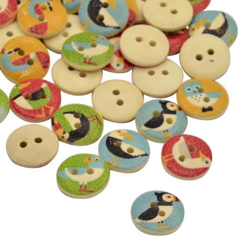 Pandahall 50 Pcs Flat Round with Sea Gull Dyed 2-Hole Printed Wooden Buttons, LemonChiffon, 15x3mm, Hole: 2mm