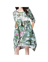 Spring Floral Print Long Sleeves Cotton/Linen  Dress
