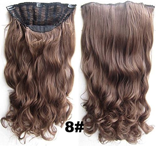 Beauty Salon Hair 7 Clips Half Head Synthetic Hair Extensions Curly Wig,120 Grams 58cm #8 Natural Light Brown