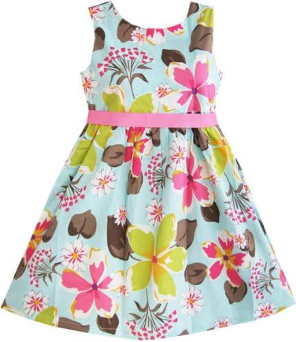 Girls Dress Blue Flower Print Children Clothing Size 2-11