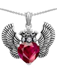 Genuine TRUE LOVE (tm) 925 Sterling Silver Created Ruby Heart With Crown and Angel Wings Pendant
