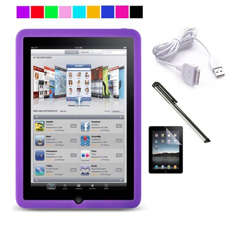 Silicone Skin Case for Apple iPad + Silver Stylus + Usb Cable + Screen Protector (Purple)