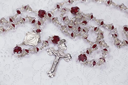 Catholic Christmas Womens Rosary with Silver Bells, Red Swarovski Crystals &amp; Bali Sterling Silver Bead Caps