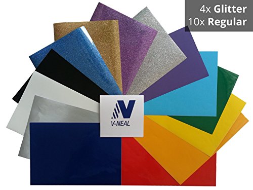 Heat Transfer (Iron On, T-Shirt, HTV) Vinyl Sheets Glitter and Regular Assorted Bundle (10x12 inches, 14 pack)