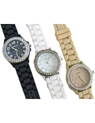 3 Geneva Crystal Watches with Silicone Strap Black & White & Cream/Gold