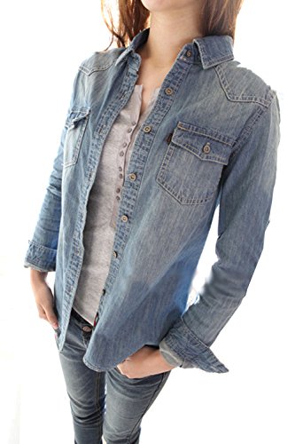 デニムシャツ レディース 長袖 ブルー ウォッシャブル ダンガリー ダメージ加工