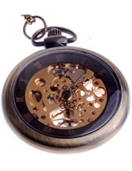 Skeleton Pocket Watch Hand Wind Mechanical Roman Numerals Unisex Vintage Style With Chain