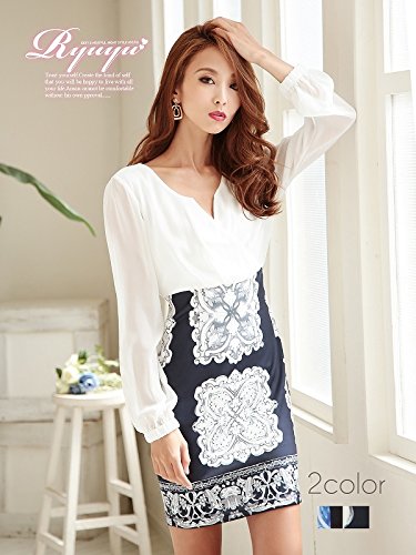 人気!パネル柄カシュクールシフォンブラウジング袖付キャバワンピース 武田静加 着用ドレス 【Ryuyu】【リューユ】秋ワンピース (Mフリーサイズ)(ネイビー/ブラック)*410179