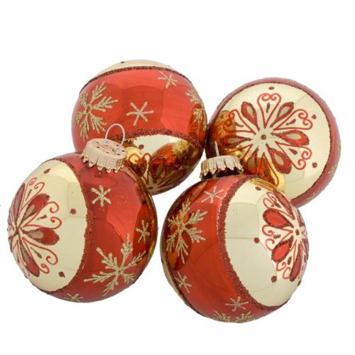 Aztec Gold Glass Baubles With Red Flower and Gold Snowflake