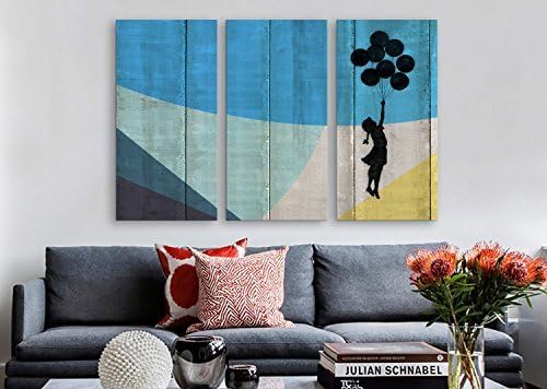 USMONON Fashionable 2089B Sky High Flying Balloons Girl 3-Piece Canvas Print by Banksy, 60 by 40-Inch, 0.75-Inch Deep
